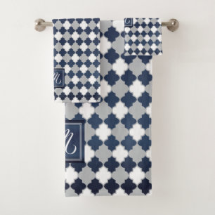Monogram Slate Blue, Grey and White Quatrefoil Bath Towel Set