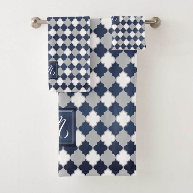 Monogram Slate Blue, Grey and White Quatrefoil Bath Towel Set (Insitu)