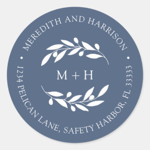 Monogram Slate Blue Wedding Return Address Classic Round Sticker