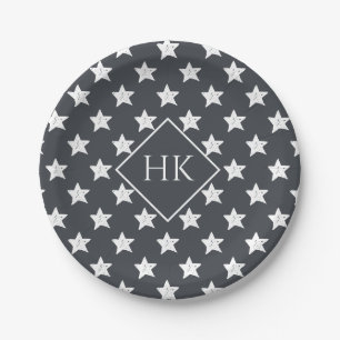 Monogram Slate Grey Charchoal White Star Pattern Paper Plate
