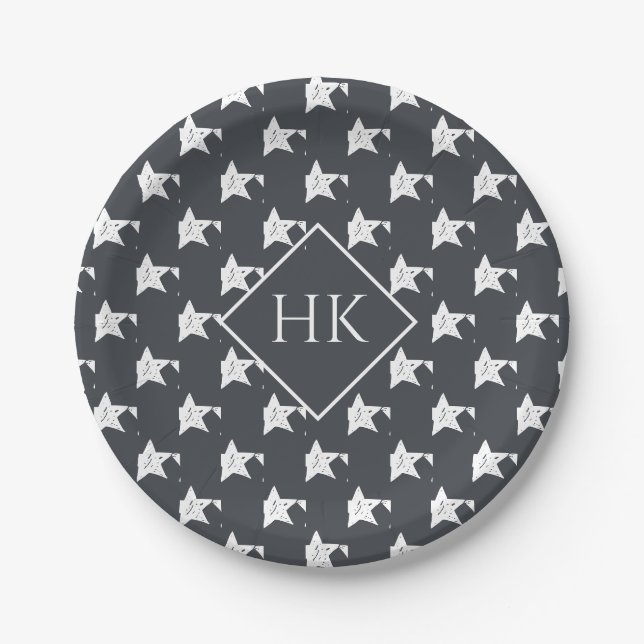 Monogram Slate Grey Charchoal White Star Pattern Paper Plate (Front)