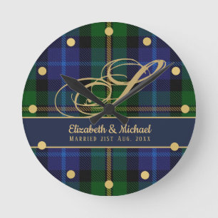 Monogram Smith Tartan Blue Green Gold Newlyweds Round Clock