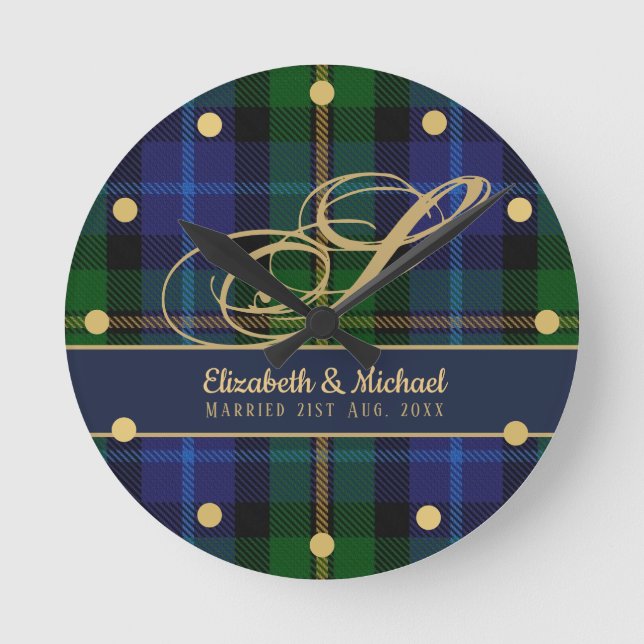 Monogram Smith Tartan Blue Green Gold Newlyweds Round Clock (Front)