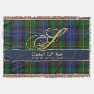 Monogram Smith Tartan Blue Green Gold Newlyweds Throw Blanket