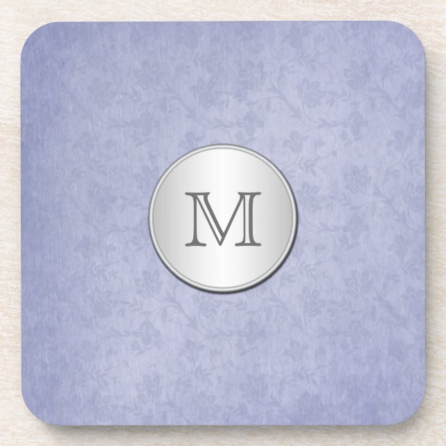 Monogram Smoky Blue Silver Damask Coaster Set (6) (Front)