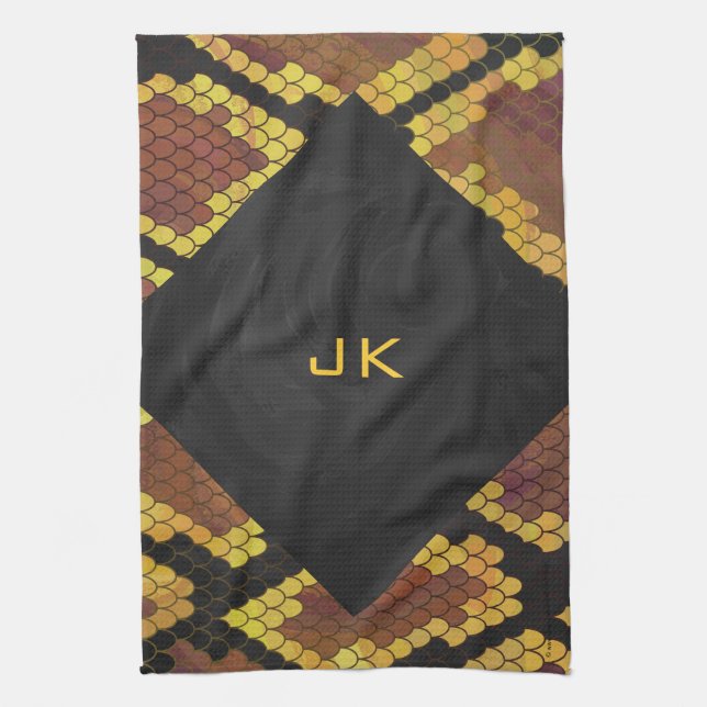 Monogram Snake Brown and Gold Print Kitchen Towel (Vertical)