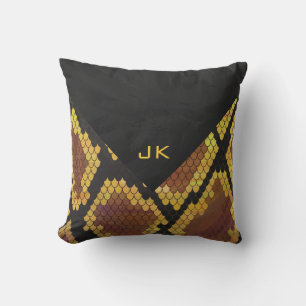 Monogram Snake Brown and Gold Print Throw Pillow