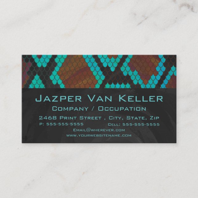 Monogram Snake Brown and Teal Print Business Card (Front)