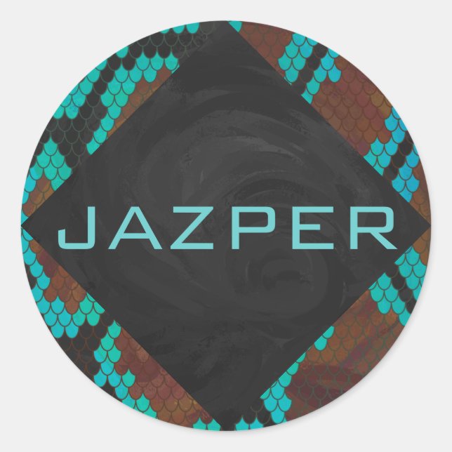 Monogram Snake Brown and Teal Print Classic Round Sticker (Front)