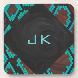 Monogram Snake Brown and Teal Print Coaster