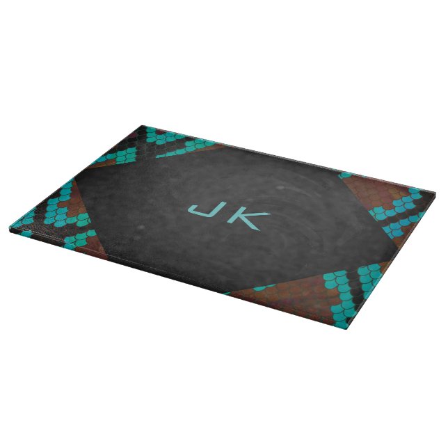 Monogram Snake Brown and Teal Print Cutting Board (Corner)