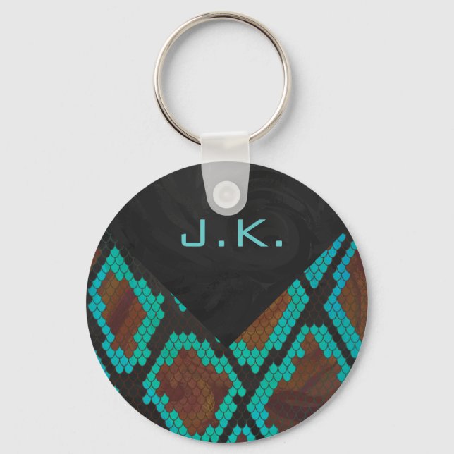 Monogram Snake Brown and Teal Print Keychain (Front)