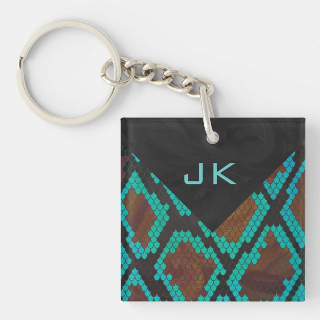 Monogram Snake Brown and Teal Print Keychain (Front)