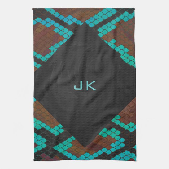 Monogram Snake Brown and Teal Print Kitchen Towel (Vertical)