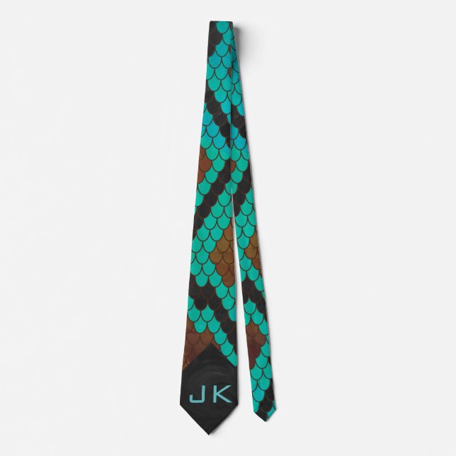Monogram Snake Brown and Teal Print Tie (Front)