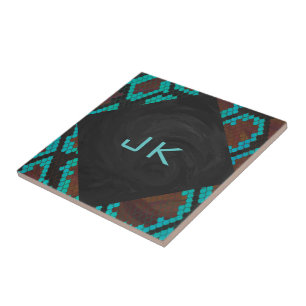Monogram Snake Brown and Teal Print Tile