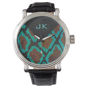Monogram Snake Brown and Teal Print Watch