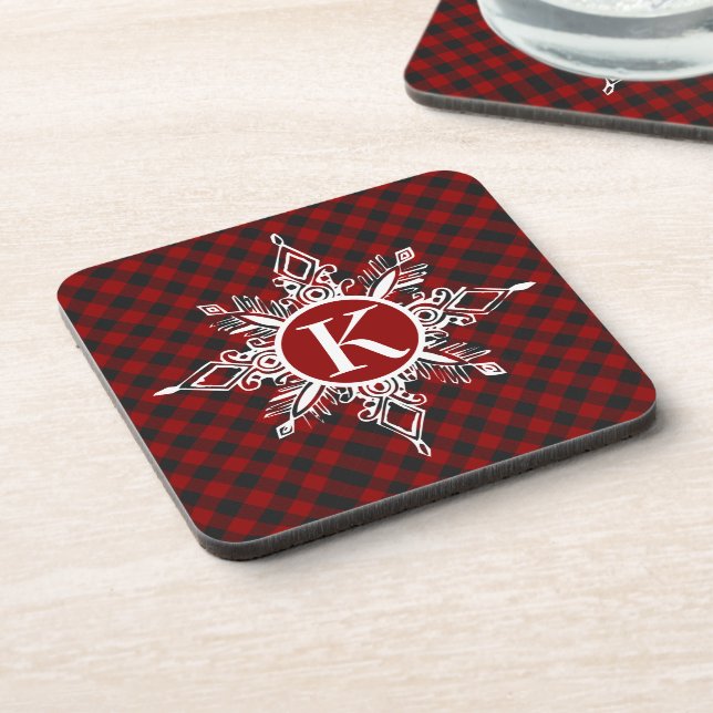 Monogram snowflake on plaid  coaster (Left Side)
