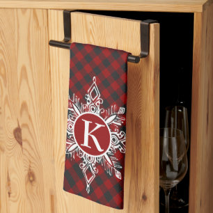 Monogram snowflake on plaid kitchen towel