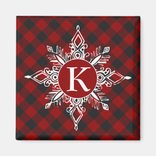 Monogram snowflake on plaid magnet