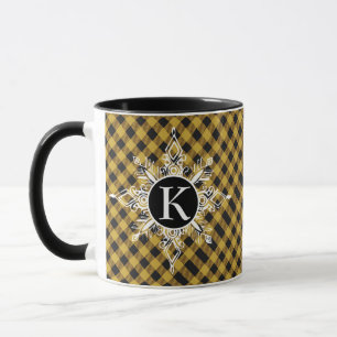 Monogram snowflake on plaid mug