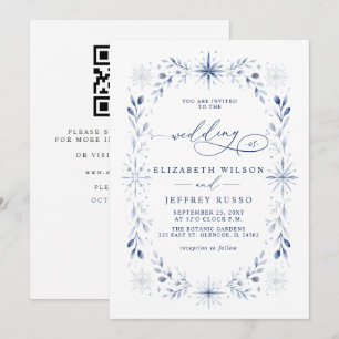 Monogram Snowflakes Blue Winter QR Code Wedding Invitation