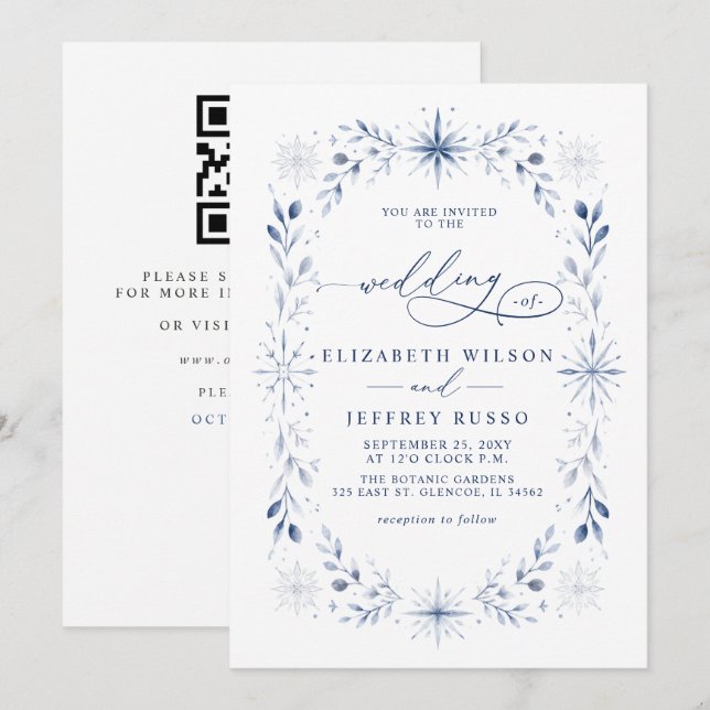 Monogram Snowflakes Blue Winter QR Code Wedding Invitation (Front/Back)