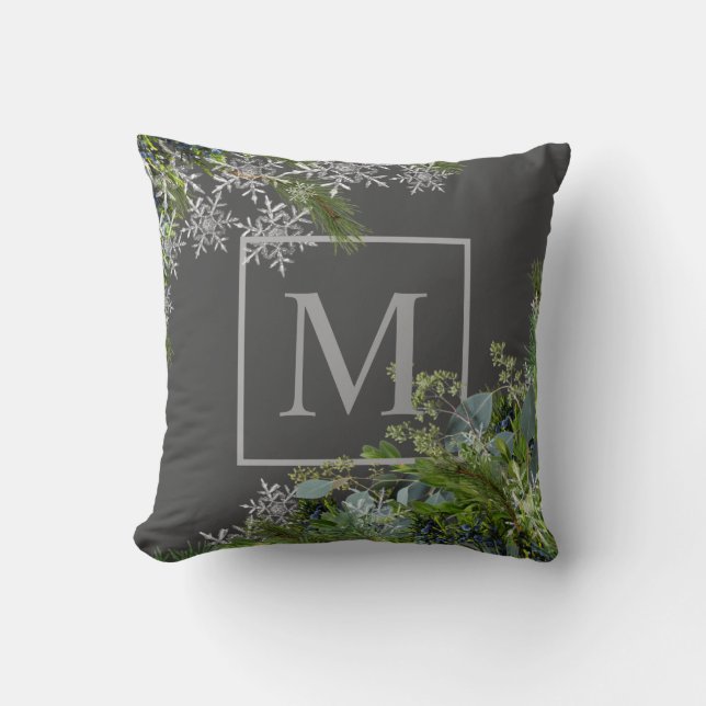 Monogram Snowflakes & Winter Foliage Grey Pillow (Front)