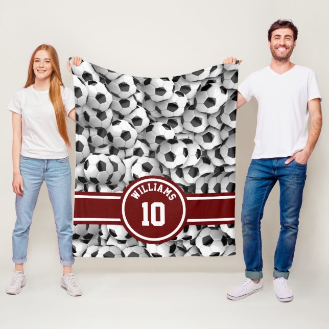 Monogram Soccer Ball Sport Football Custom Red Fleece Blanket (In Situ)