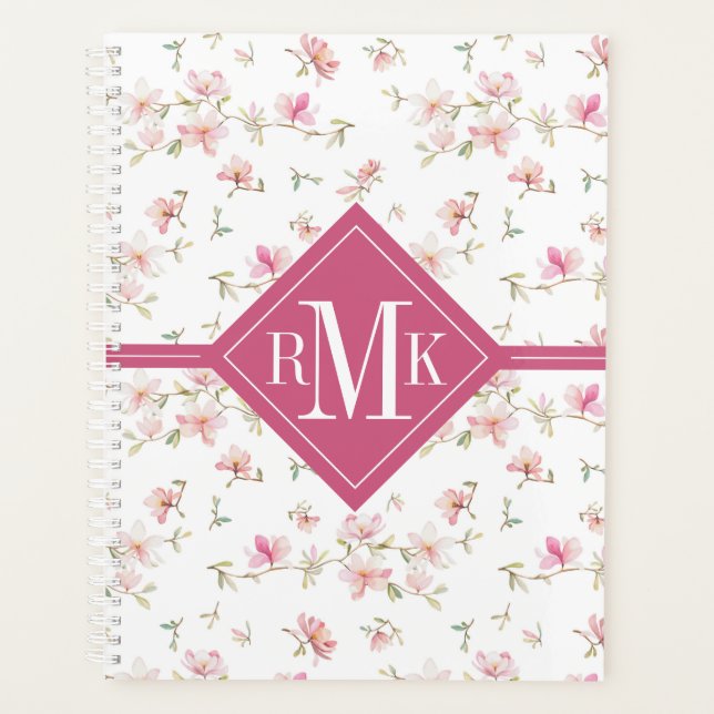 Monogram | Soft Pink Watercolor Flower Pattern Planner (Front)