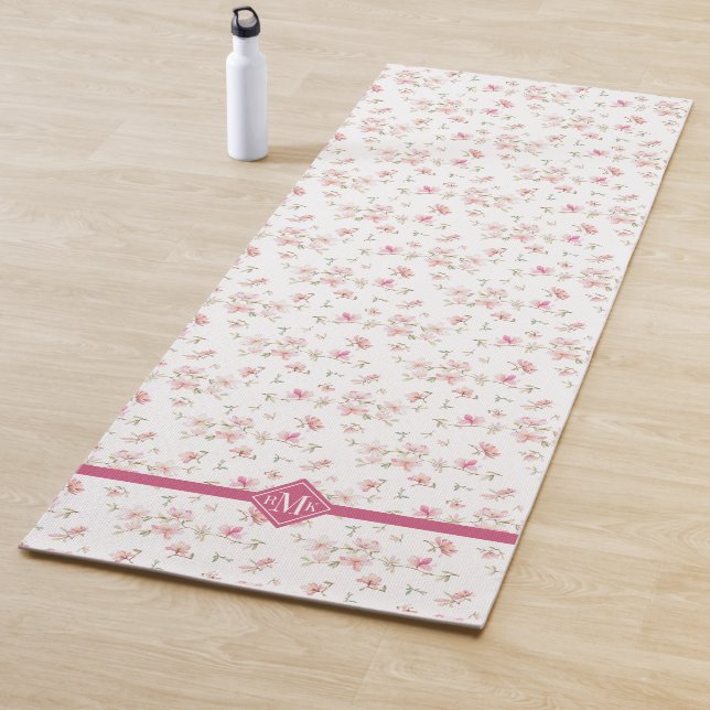 Monogram | Soft Pink Watercolor Flower Pattern Yoga Mat (In Situ)