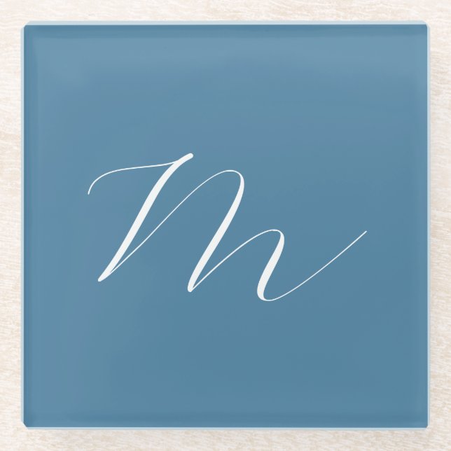 Monogram Solid Blue Pastel Minimalist Professional Glass Coaster (Front)