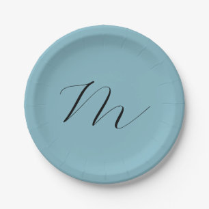Monogram Solid Blue Pastel Minimalist Professional Paper Plate