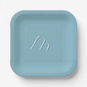 Monogram Solid Blue Pastel Minimalist Professional Paper Plate