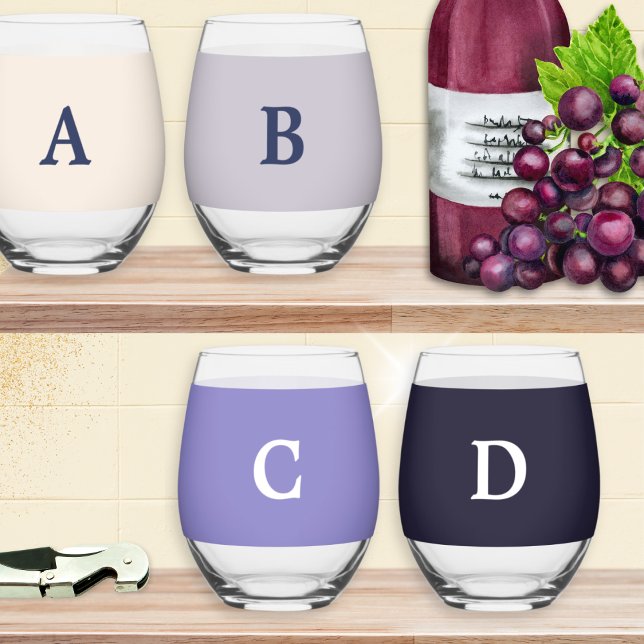 Monogram Solid Colours Stylish Chic Purple Set of  Stemless Wine Glass (A set of four stemless glasses, in solid peach and purple colors. Add a monogram to each glass)