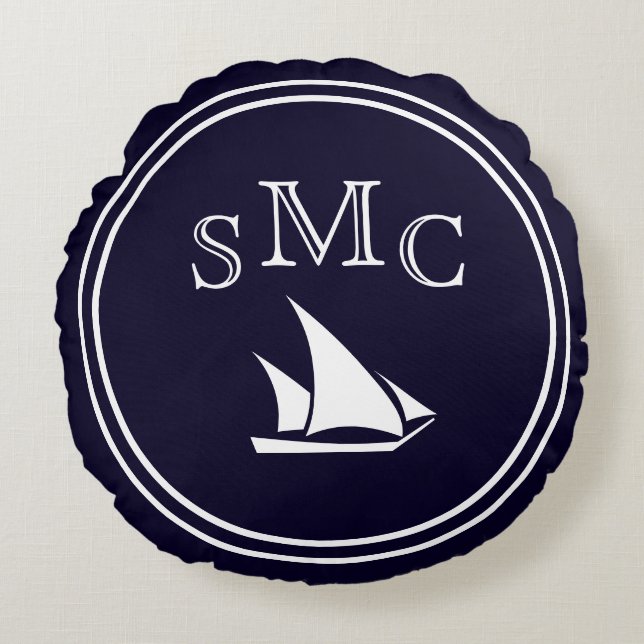 MONOGRAM Solid dark blue  White Sailboat Round Pillow (Front)