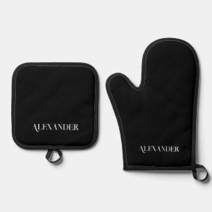 Monogram Solid Plain Black template White Script Oven Mitt & Pot Holder Set