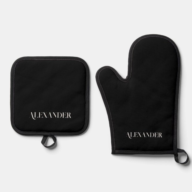 Monogram Solid Plain Black template White Script  Oven Mitt & Pot Holder Set (Front)