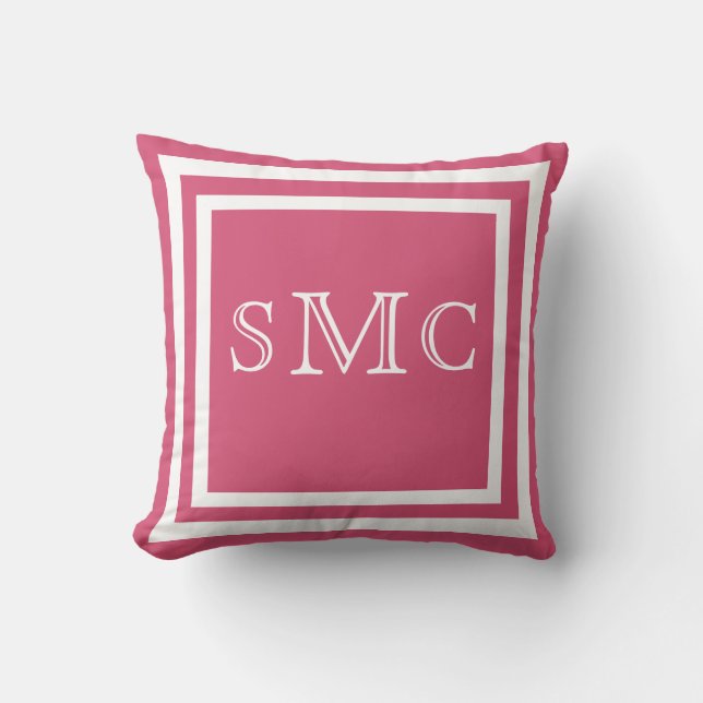 MONOGRAM Solid rasberry pink white plain pillow (Front)