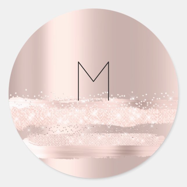 Monogram Spark Rose  Blush Initials Name Round Classic Round Sticker (Front)