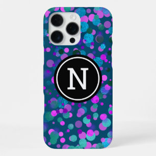 Monogram sparkle blue purple confetti dots on teal iPhone 16 pro max case