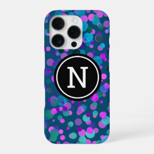 Monogram sparkle blue purple confetti dots on teal iPhone 16 pro case