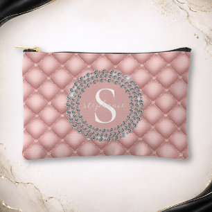 Monogram Sparkly Diamonds Tufted Custom Blush Pink Accessory Pouch
