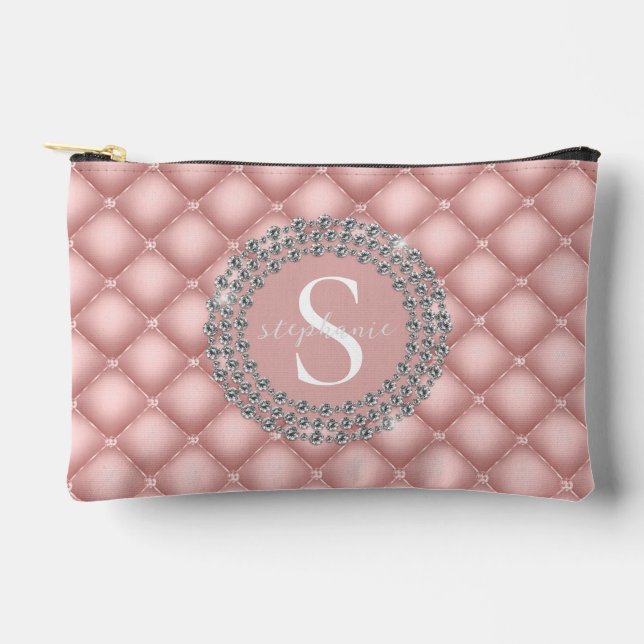 Monogram Sparkly Diamonds Tufted Custom Blush Pink Accessory Pouch (Front)