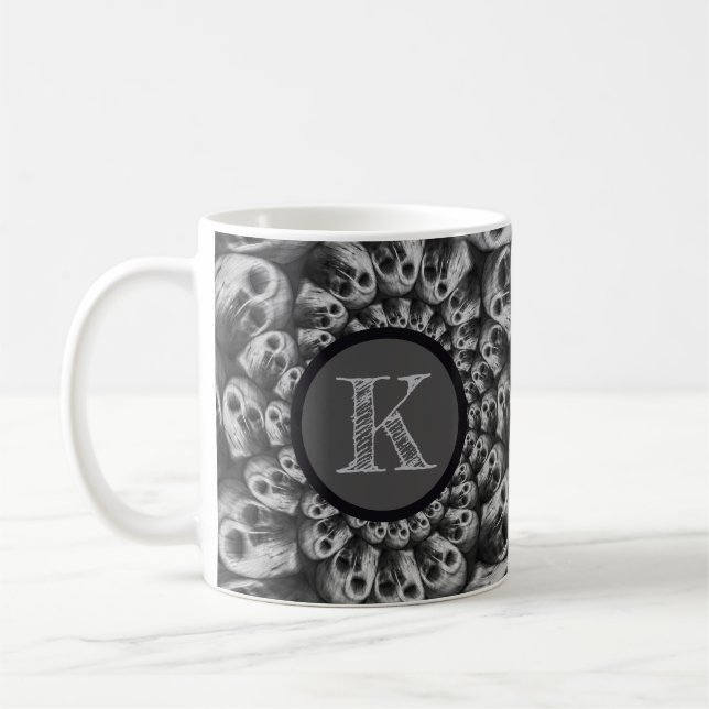 Monogram Spooky Skulls Abstract Black And White Coffee Mug (Left)