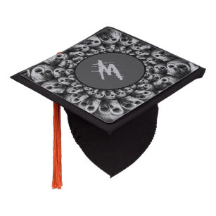 Monogram Spooky Skulls Black And White Abstract Graduation Cap Topper