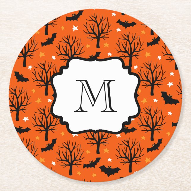Monogram Spooky Trees and Bats Halloween Pattern Round Paper Coaster (Front)