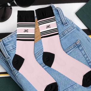 Monogram Sports Stripe Pastel Pink Black Socks