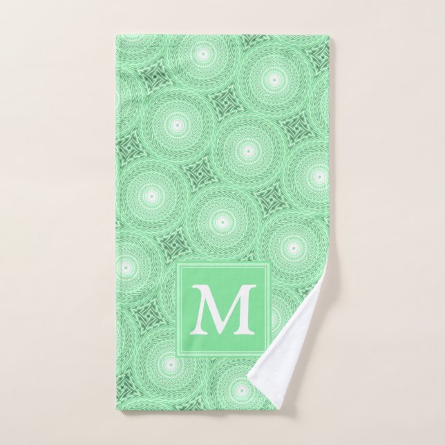 Monogram spring green circles pattern hand towel (Hand Towel)