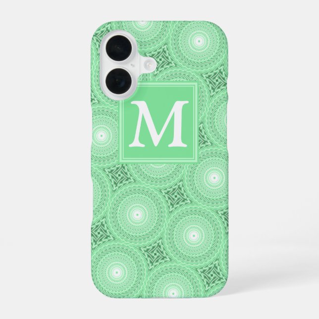 Monogram spring green circles pattern iPhone 16 case (Back)